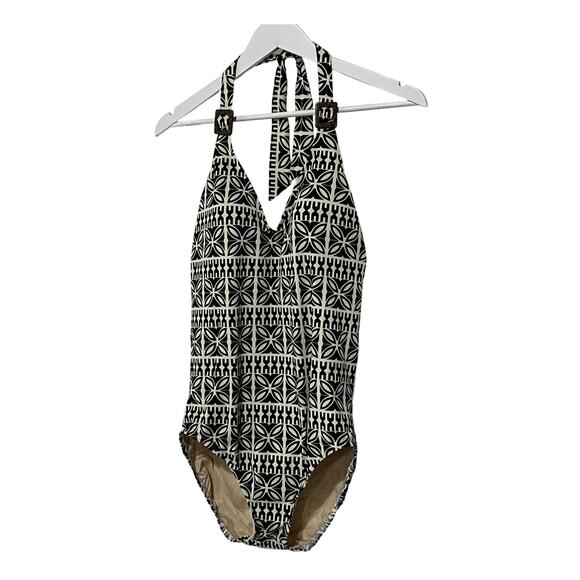 Lands' End Other - Lands' End Swim Womens 12 One Piece Halter Geo Print Tummy Slimming Black Ivory